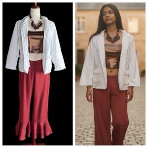 Chicos 1 Linen Jacket White Embellish Fringe Quilt Stitch